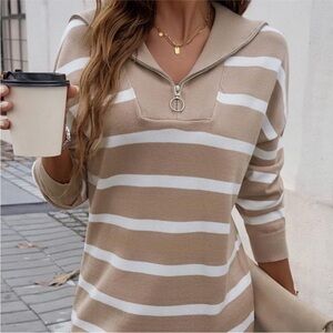 Striped Sweaters Half-Zip Long Sleeve Oversized Pullover